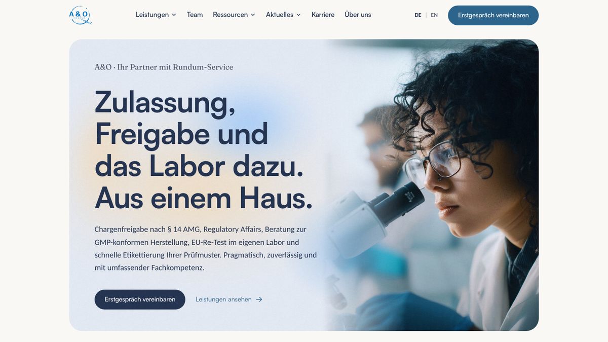 Startseite von aopharma.de: QP-Freigabe, Regulatory Affairs, GMP-Labor