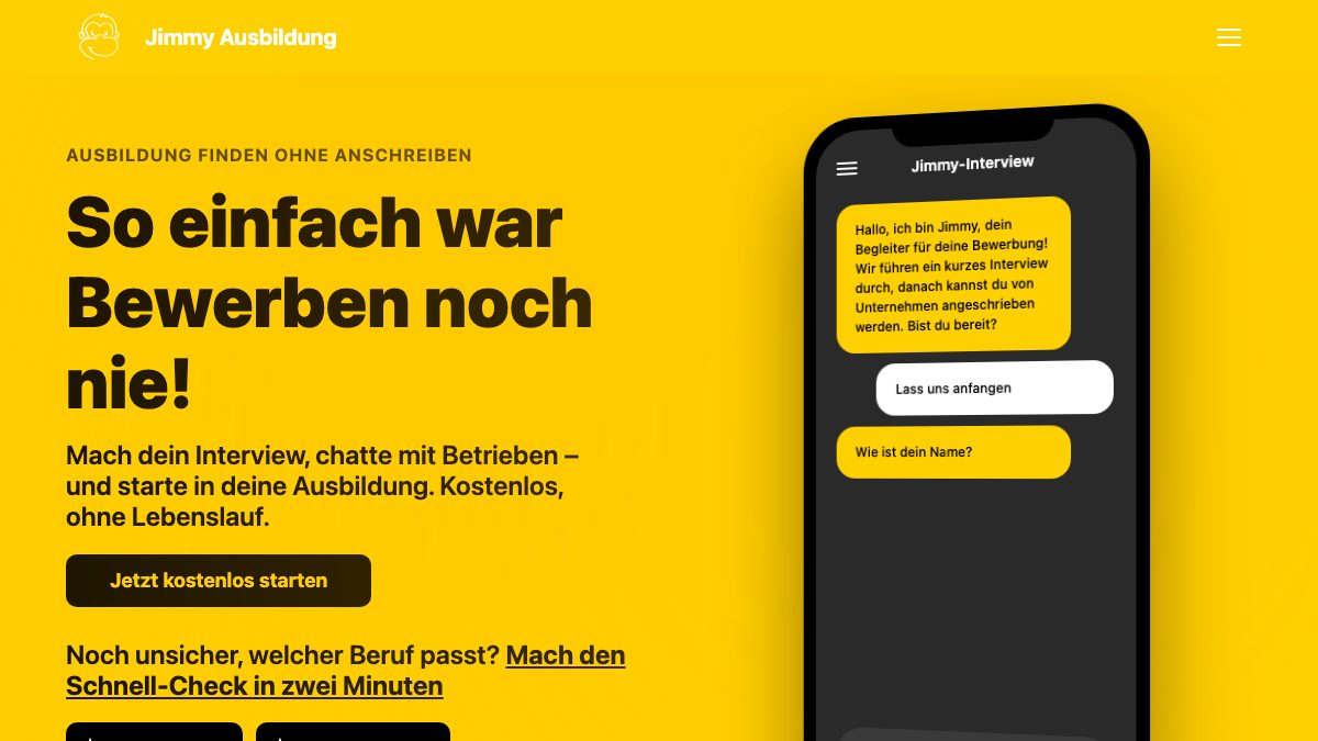 Startseite von jimmy-ausbildung.de: Ausbildungsplattform für Schüler, Betriebe und Schulen