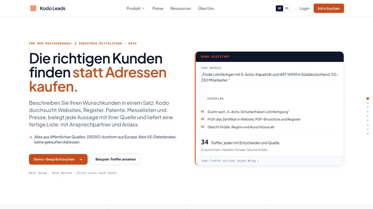 Startseite von kodo-leads.com: Sales Intelligence für den Maschinenbau
