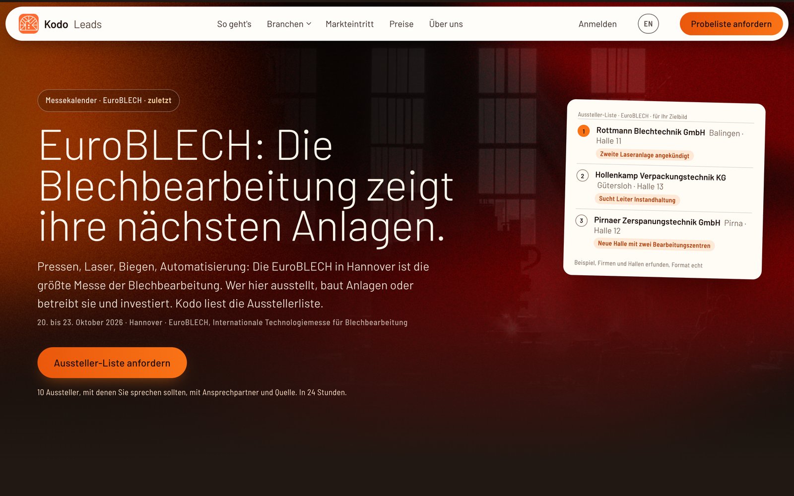 Messe-Seite zur EuroBLECH mit Aussteller-Beispielen und Formular