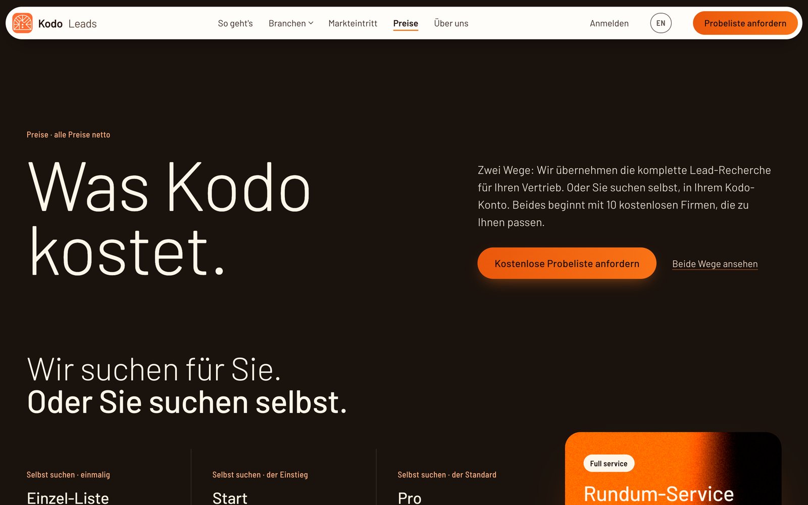 Preisseite von Kodo Leads