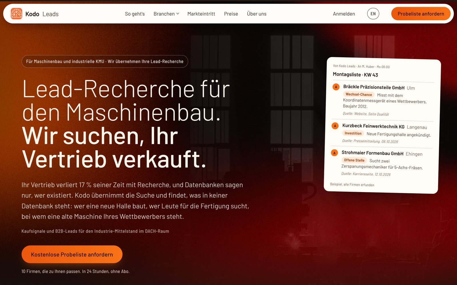Startseite von Kodo Leads mit Überschrift und Montagsliste